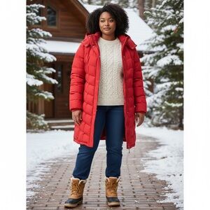 Lands End Scarlet Red Long Hooded Puffer Coat 2X 20W-22W Quilted Down Filled